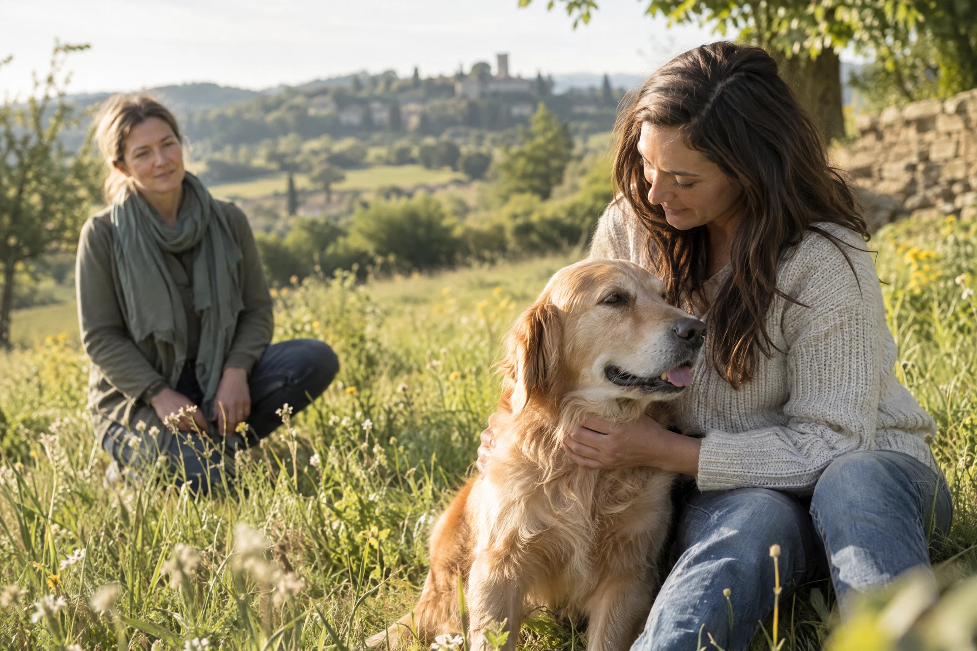 Un chien accompagné avec douceur dans un paysage naturel